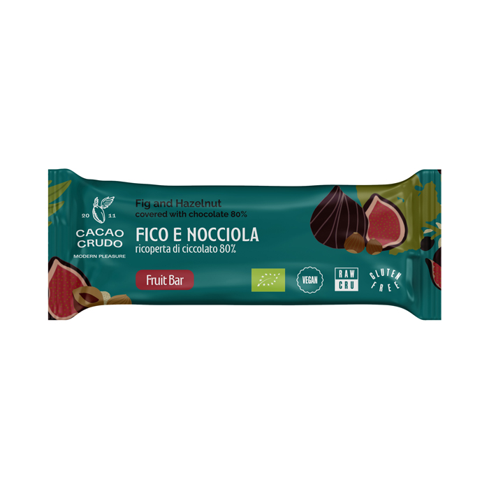 Cacao Crudo Barretta Fico e Nocciola ricoperta di Cioccolato Fondente 80%